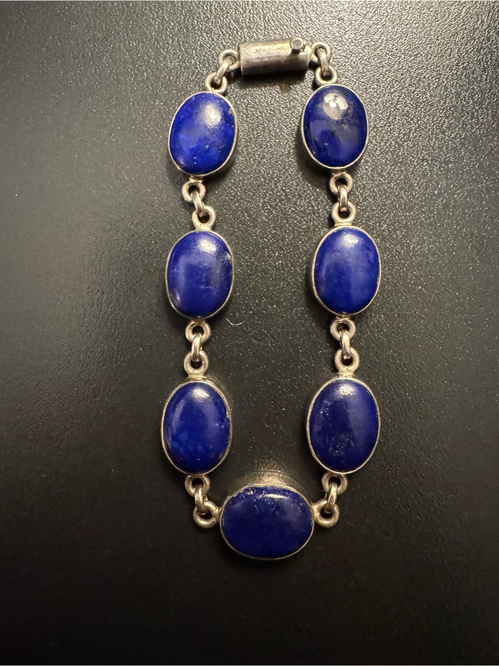 Sterling Silver Lapis Lazuli 7 Stone Oval Link Bracelet - 8.5”- 25.1g